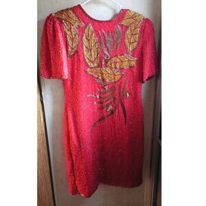 Vntg silk beaded red gold india dress eve’s allure 80s 90s glam holiday xl ml